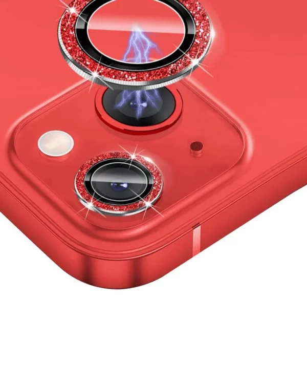 iPhone 14 / 14 Plus Glitter Diamond Camera Lens w/ HD Tempered Glass (RED)