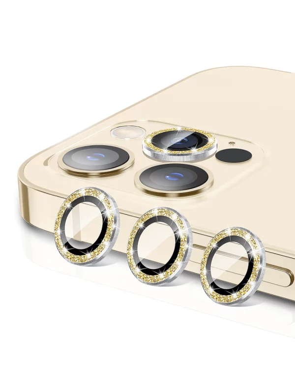 iPhone 14 Pro / 14 Pro Max Glitter Diamond Camera Lens w/ HD Tempered Glass (GOLD)